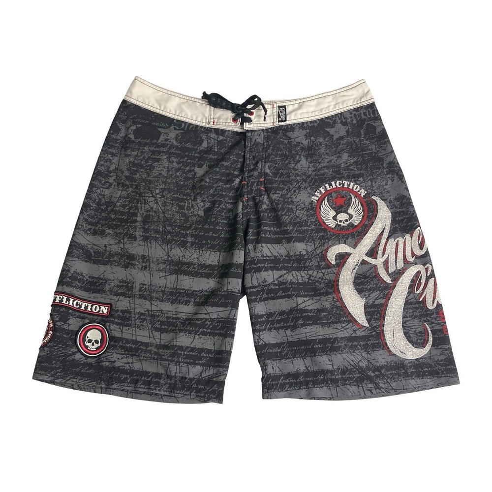 Vintage Affliction Board Shorts Men 36 American Customs Skull Y2K MMA Biker